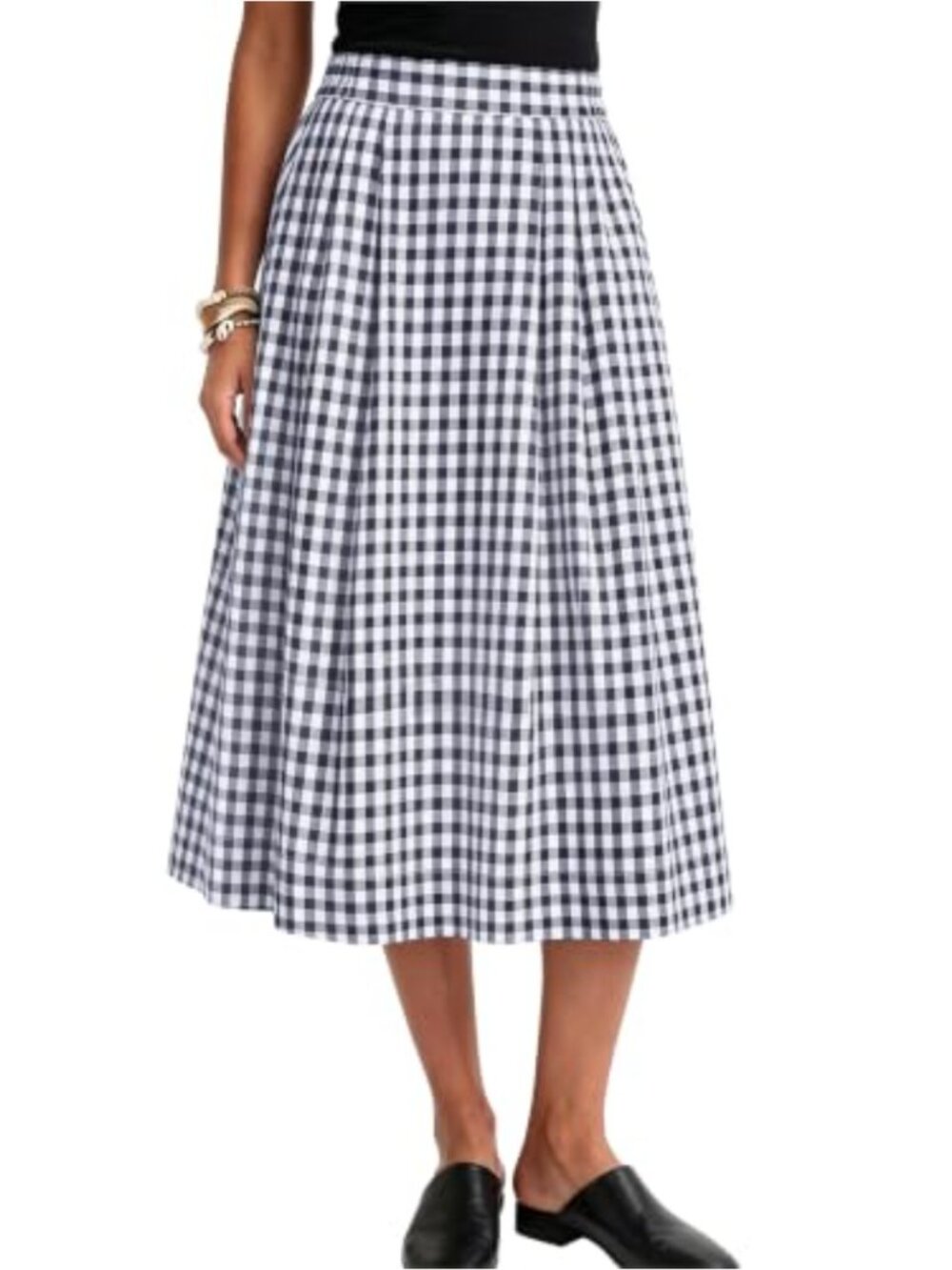A-Line Midi Skirt Elastic High Waist Side Pockets Cotton Blend Women's